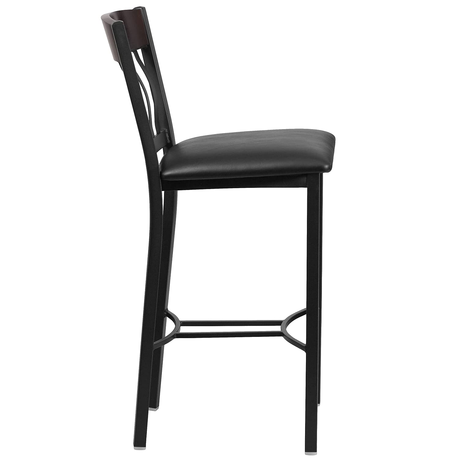Flash Furniture Eclipse Series Vertical Back Black Metal And Walnut Wood Restaurant Barstool With Black Vinyl Seat