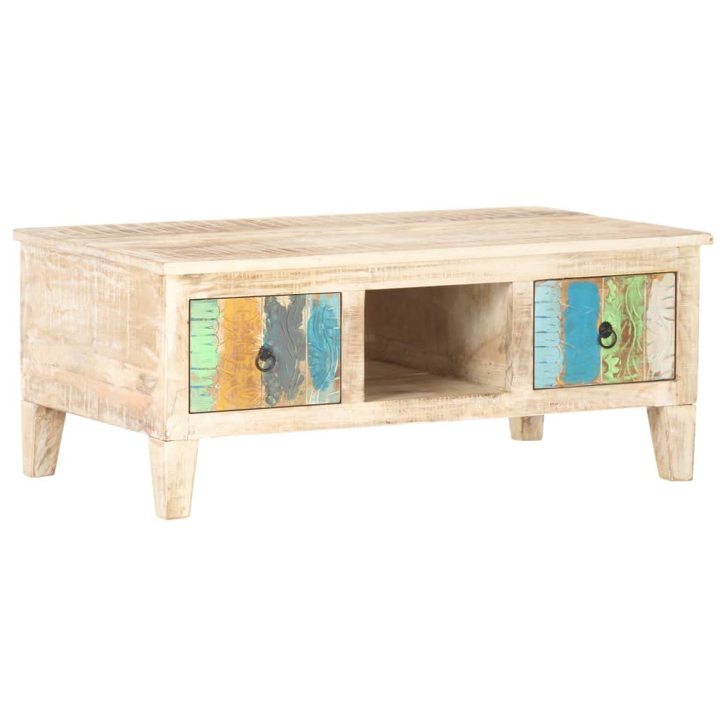 vidaXL Whitewashed Acacia Wood Coffee Table with Flower Carved Drawers and Compartment | Durable & Stable | Farmhouse-Bohemian Style | Ample Storage