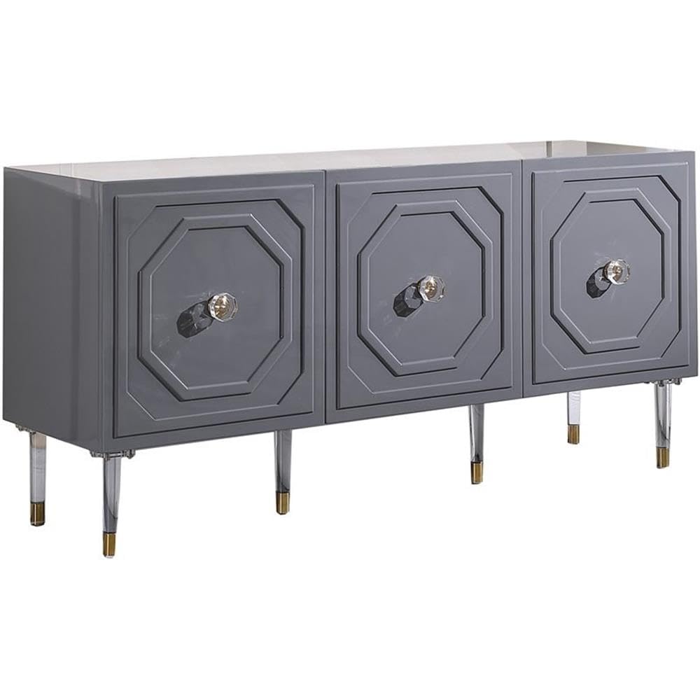 Best Master Furniture Tahlia High Gloss Lacquer Sideboard/Buffet With Gold Trim, Grey