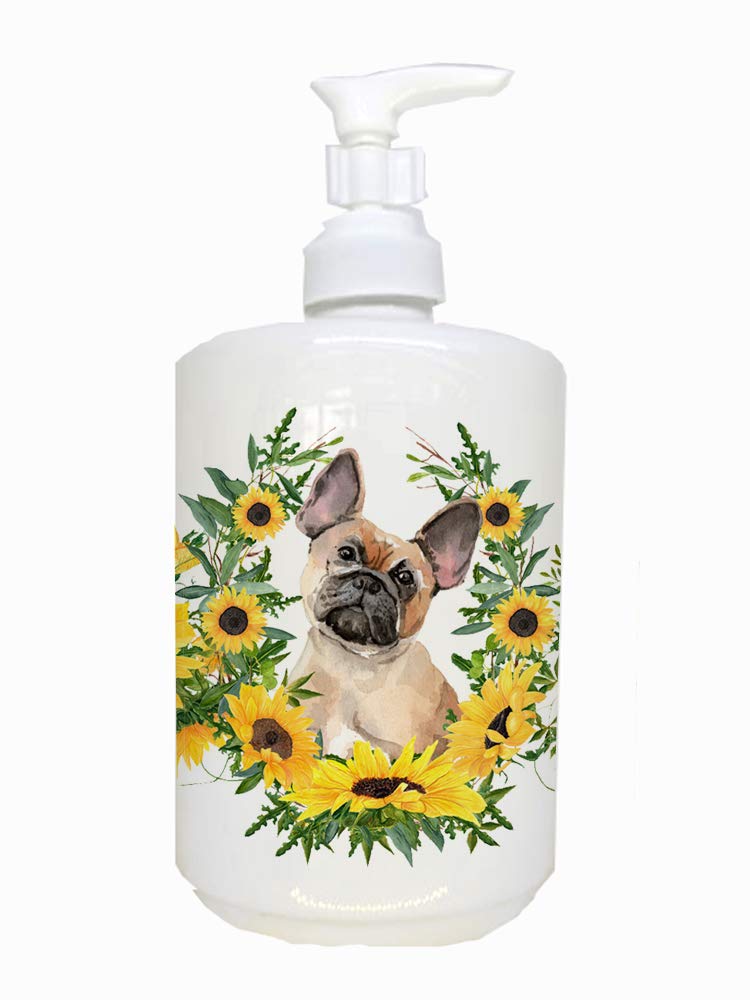 Caroline's Treasures CK2940SOAP Fawn French Bulldog in Sunflowers Ceramic Soap Dispenser Hand Soap Dispenser Pump Bottles for Ba