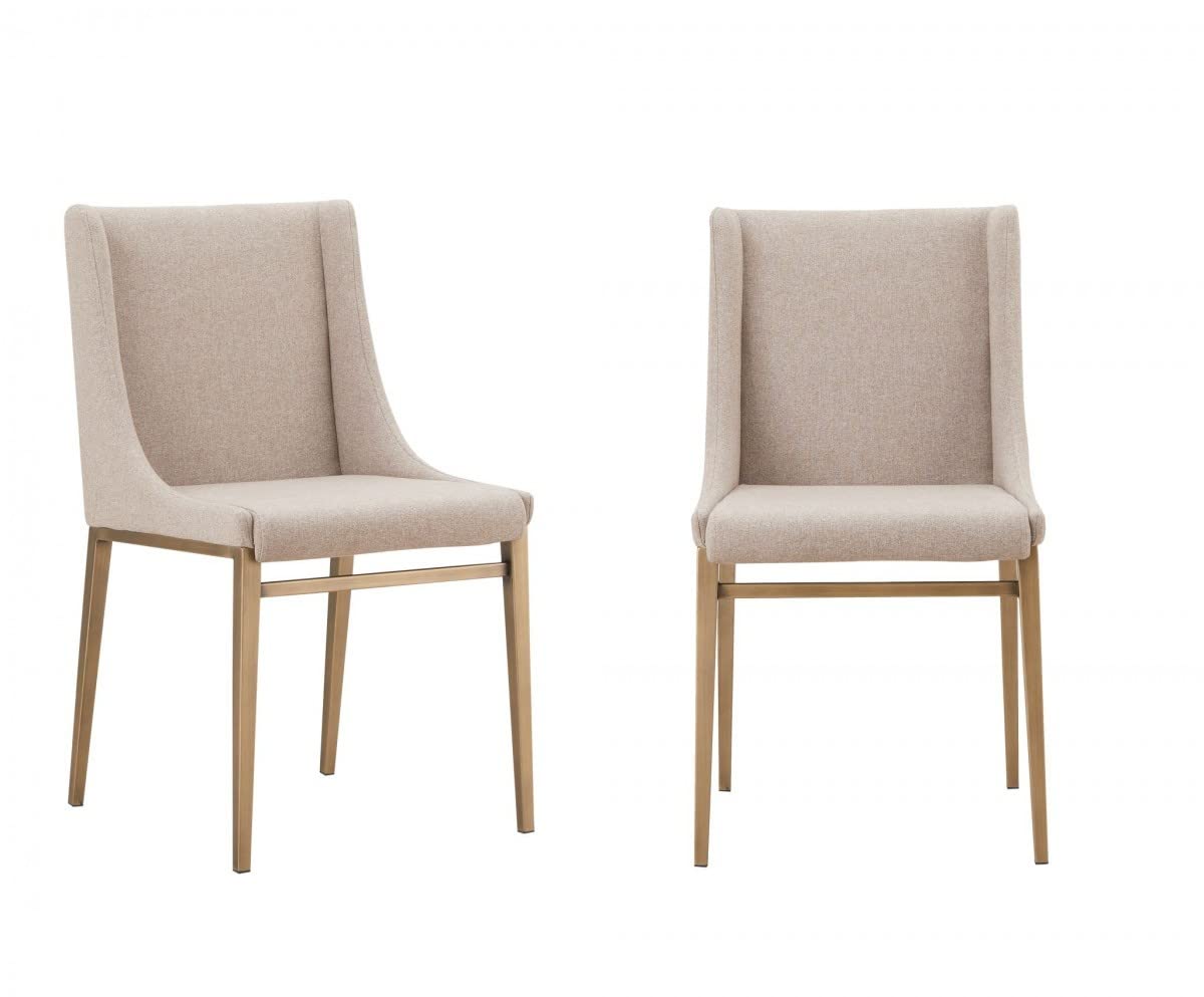 HomeRoots Fabric, Metal Set of Two Beige Brass Contemporary Dining Chairs