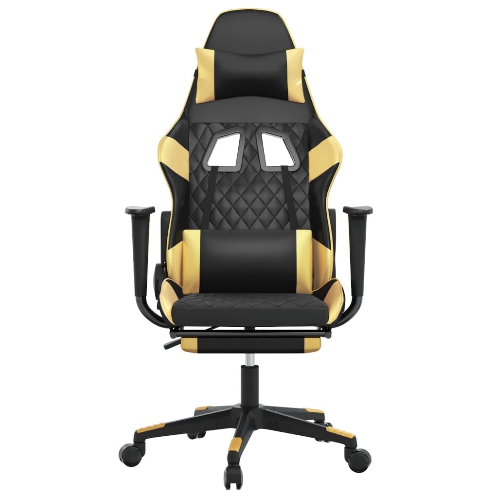 vidaXL Adjustable Gaming Chair with Footrest - Black and Gold Faux Leather Upholstery - with Rolling Castors and 360-degree Swivel - Sturdy Metal, Plywood Construction and Foam Filling