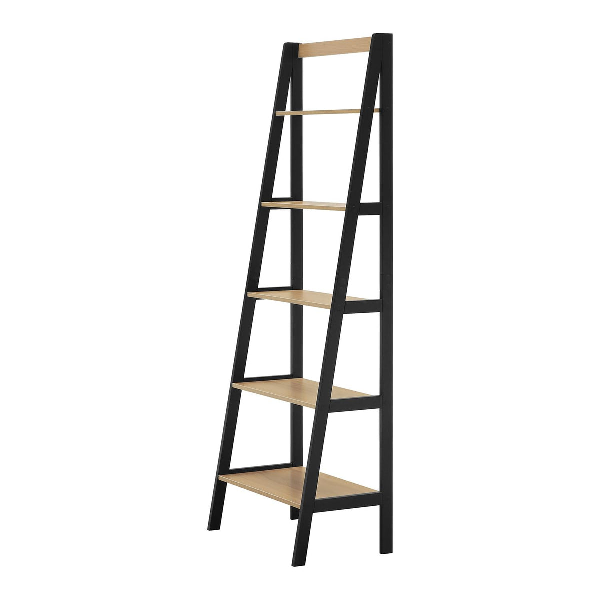 Safco Ec8998Bl Five Tier Free Standing Ladder Shelf Bookcase. Home, Bedroom And Office Storage And Décor. Black Supports, Natural Wood Shelves