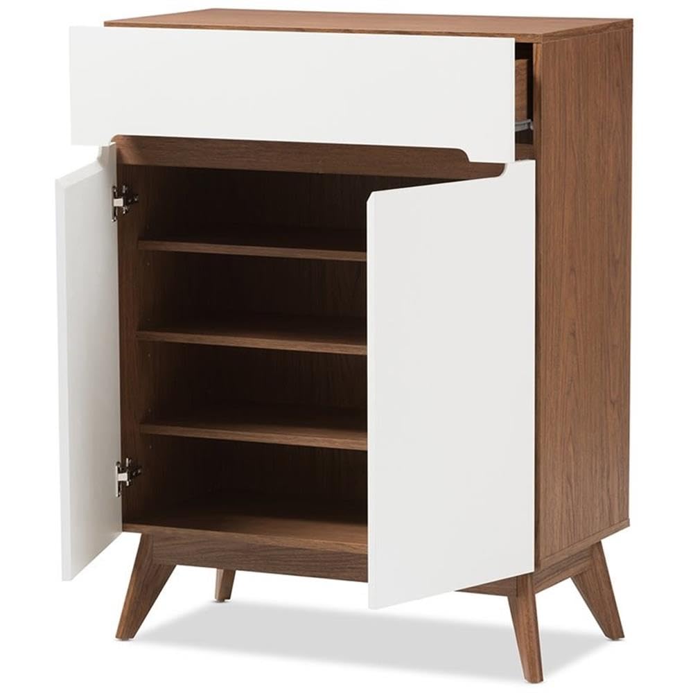 Baxton Studio Calypso Mid-Century Modern White and Walnut Wood Storage Shoe Cabinet Mid-Century/White/Walnut Brown/Particle Board/MDF with PU Paper/