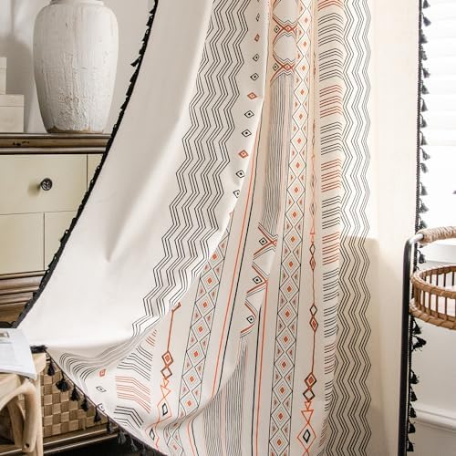 ColorBird Boho Curtains for Bedroom, 2 Panels 63 inch Semi Blackout Living Room Darkening Curtains, Geometric Tribal Fall Cotton