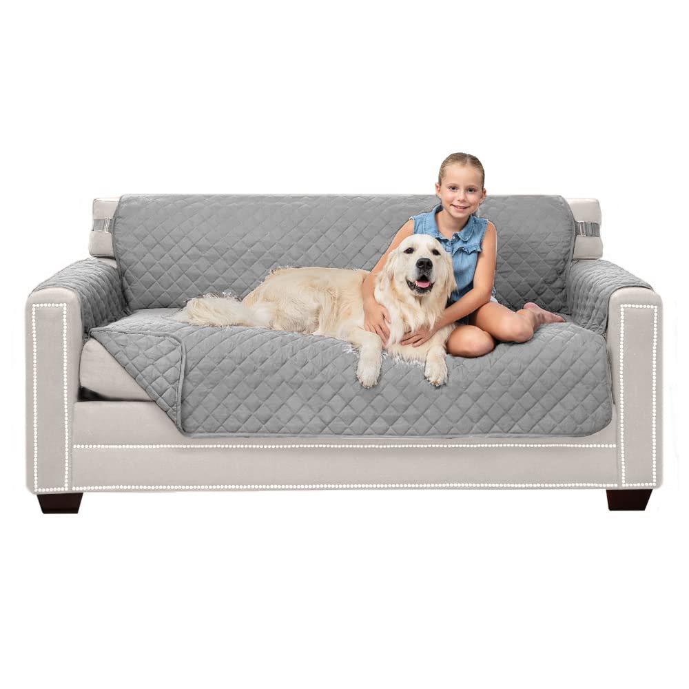 Sofa Shield Patented Couch Cover, Large Furniture Protector With Straps, Reversible Tear And Stain Resistant Slipcovers, Quilted Microfiber 62” Seat, Washable Covers For Dogs, Kids, Light Gray