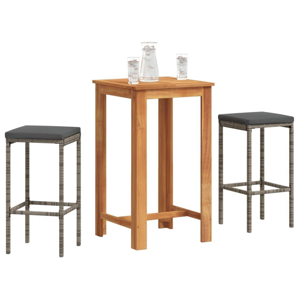 vidaXL 3-Piece Patio Bar Set with Poly Rattan Stools and Solid Acacia Wood Table - Weather-Resistant Outdoor Furniture for Garden, Deck, Gray