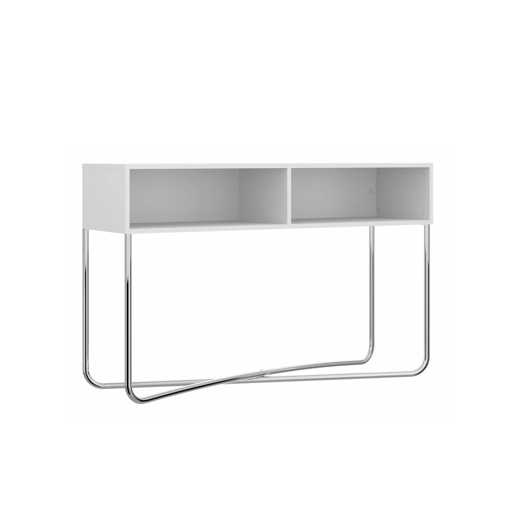 The Urban Port Wooden Console Table with 2 Open Compartments and Metal Frame, White and Chrome