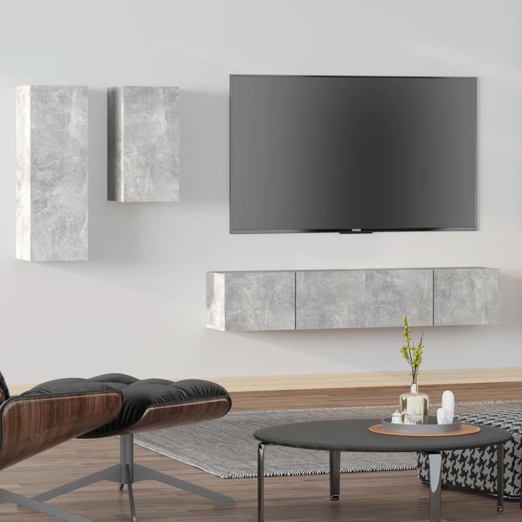 vidaXL TV Stand Set 4 Piece, Wall Mounted Entertainment Center, TV Stand Console with Storage, Modern Style, Concrete Gray Engineered Wood