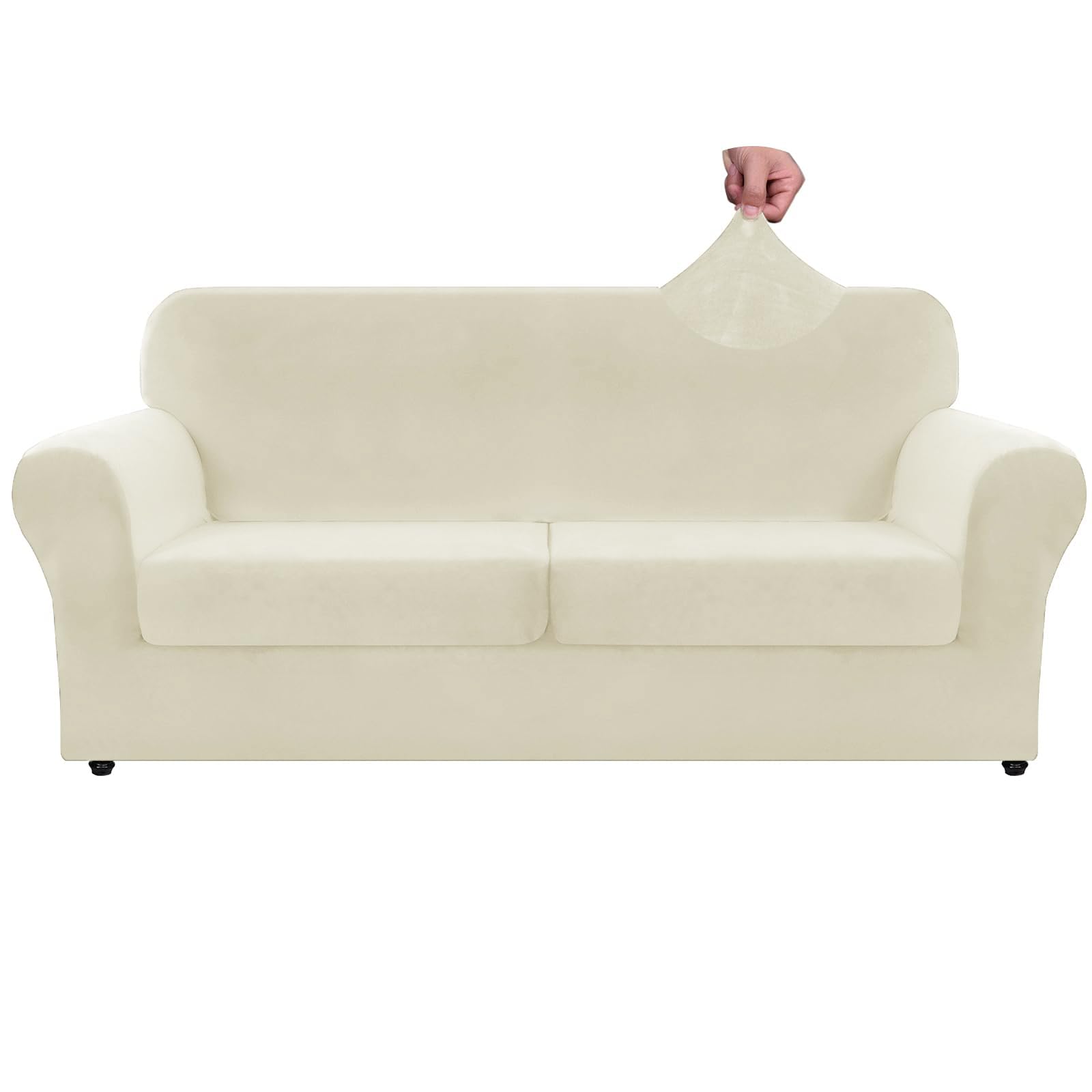 Znsayotx Oversized Velvet 3 Piece Couch Cover With 2 Extra Large Seat Cushion Covers Stretch Sofa Cover For 2 Cushion Couch Thick Soft Loveseat Sofa Slipcover (Beige),71'-91'(2 Cushions)
