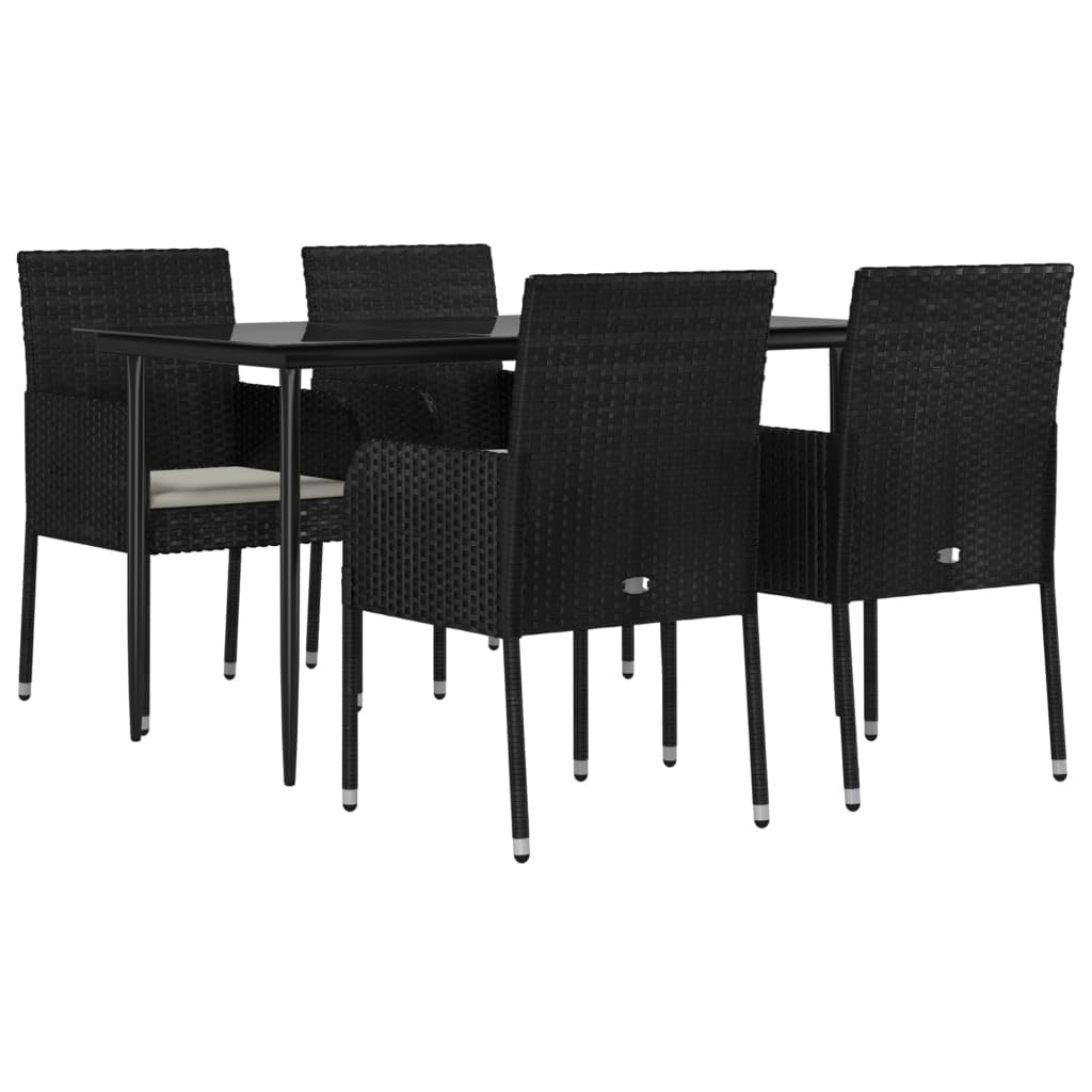 vidaXL 5 Piece Patio Lounge Dining Set - Black PE Rattan, Cream White Cushions, Sturdy Steel Frame, Tempered Glass Tabletop, Rectangular Table