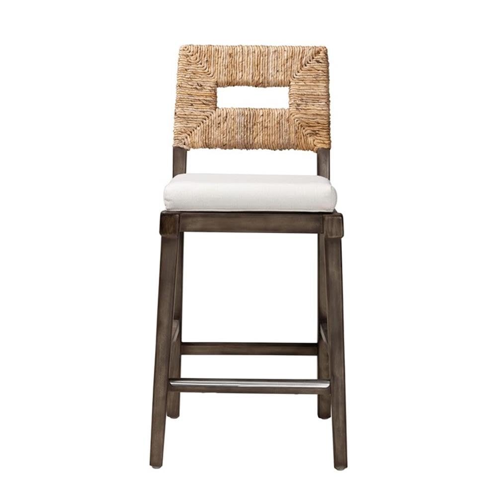 Baxton Studio Porsha Modern Bohemian Dark Brown Finished Mahogany Wood and Natural Rattan Counter Stool