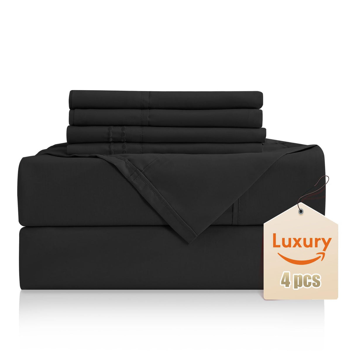 Luxury Silky Soft Bed Sheet Set, 4 Piece,Twin Size, Fits 16 Inch Deep Pocket Mattresses, Wrinkle Free & Breathable Cooling, Blac