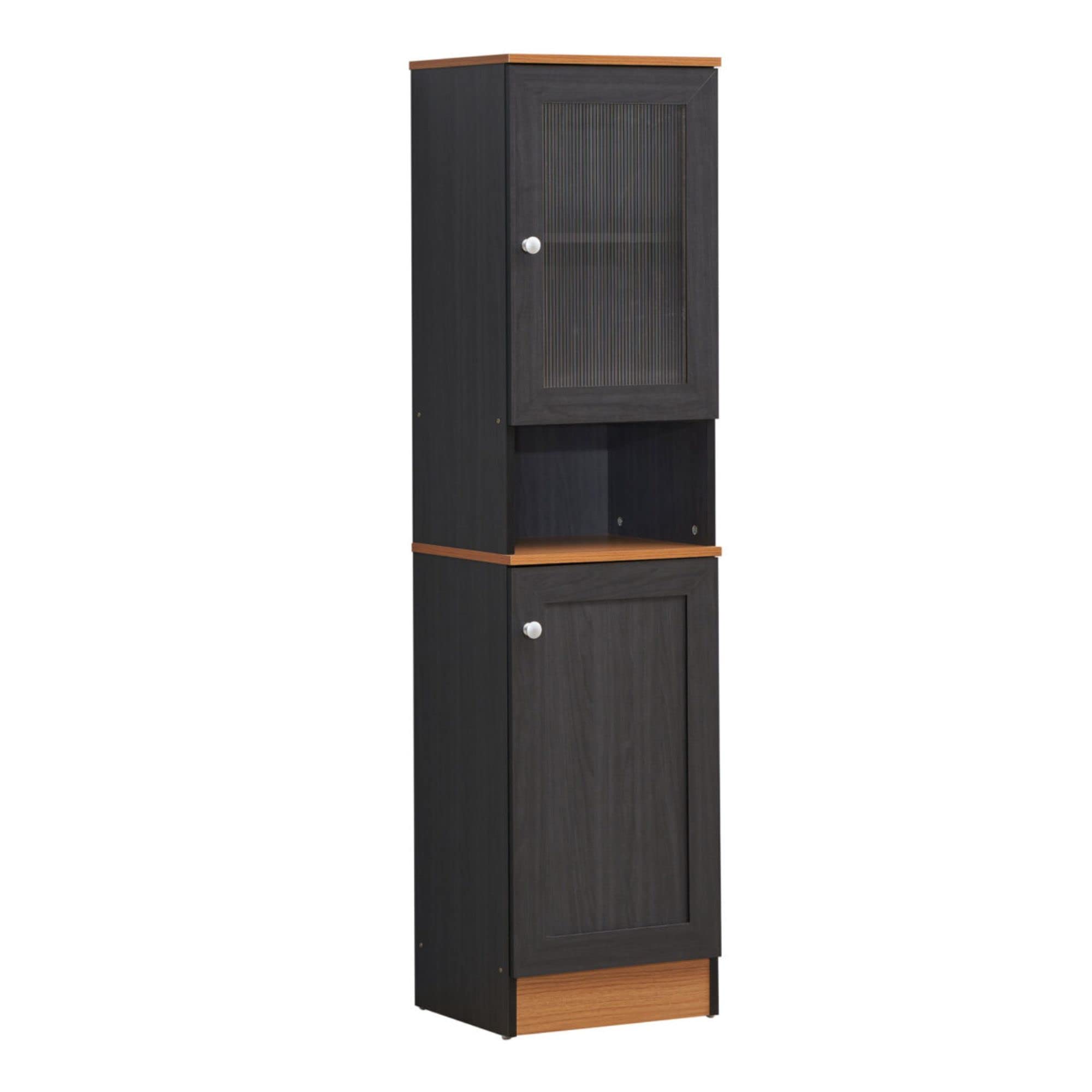 Hodedah 63 Tall Slim Open Shelf Plus Top and Bottom Enclosed Storage Kitchen Pantry, Black-Beech (HIK93 Black-Beech)