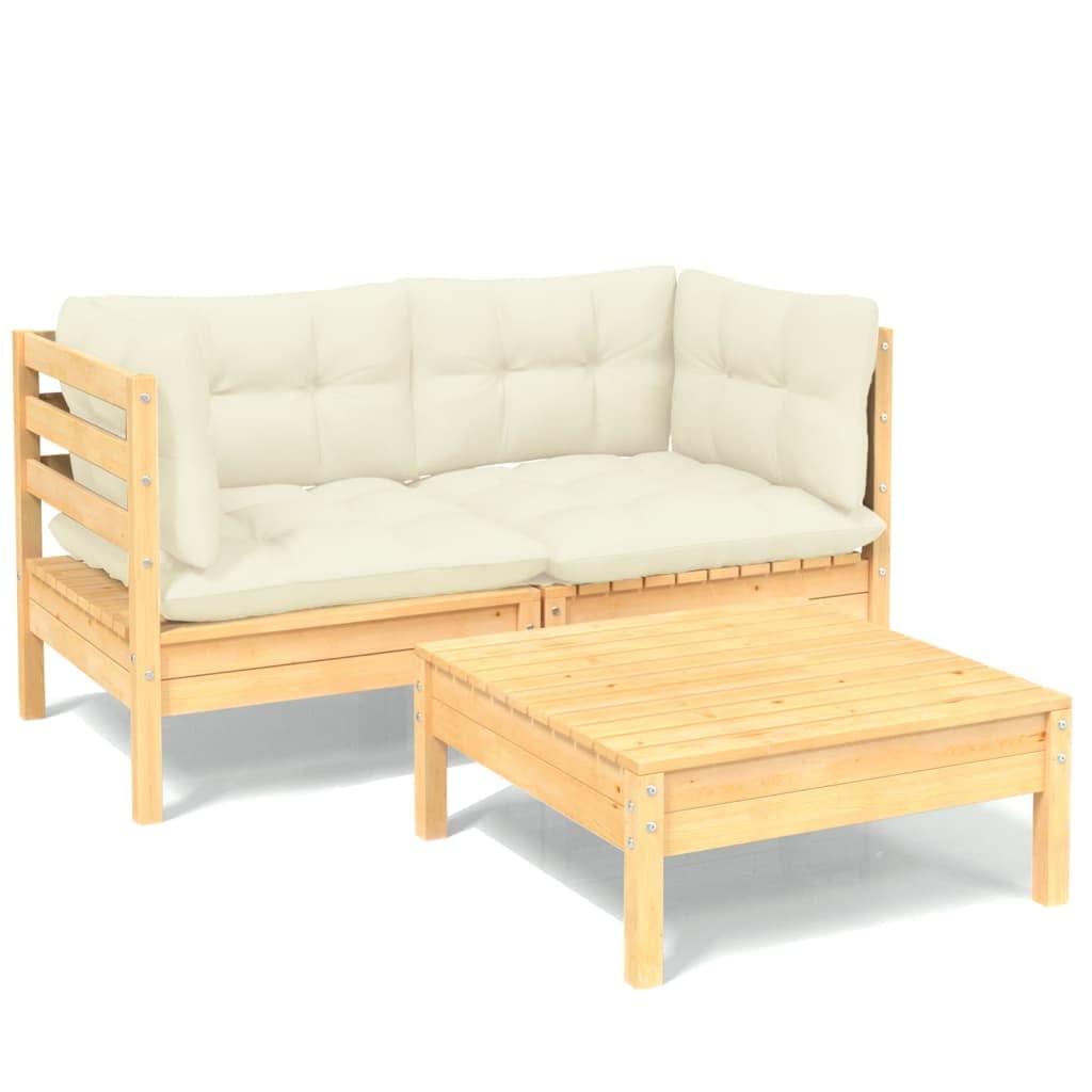 vidaXL Solid Pinewood Patio Lounge Set 3 Piece with Cream Cushions Garden Outdoor Lawn Yard Terrace Balcony Wooden Seat Seating Furniture