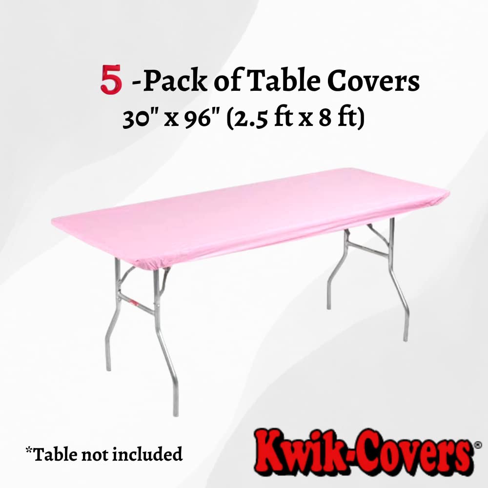 Kwik-Covers 5 Pack Of Rectangular Plastic Table Covers Bundle - 70 Paper Napkins Included - For 6' Foot Or 8' Foot Tables - (Table Not Included) (Pink, 30' X 96' (8' Foot Table))