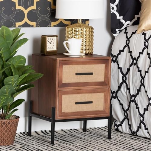 Baxton Studio Paxley Mid-Century Modern Industrial Walnut Brown Finished Wood and Beige Fabric 2-Drawer End Table