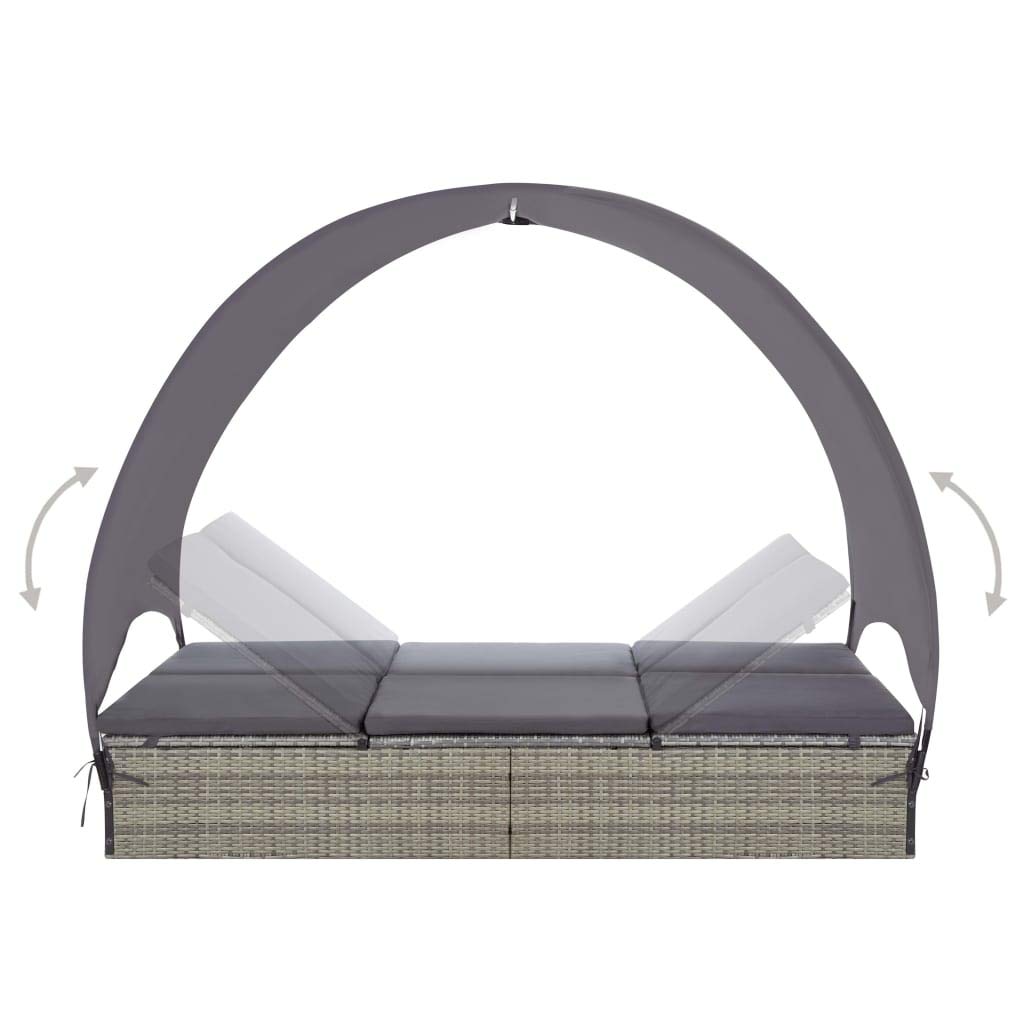 vidaXL - Double Sun Lounger with Adjustable Canopy and Cushions, Poly Rattan, Weather-Resistant, Steel Frame, Gray and Dark Gray, for Patio/Garden/Poolside