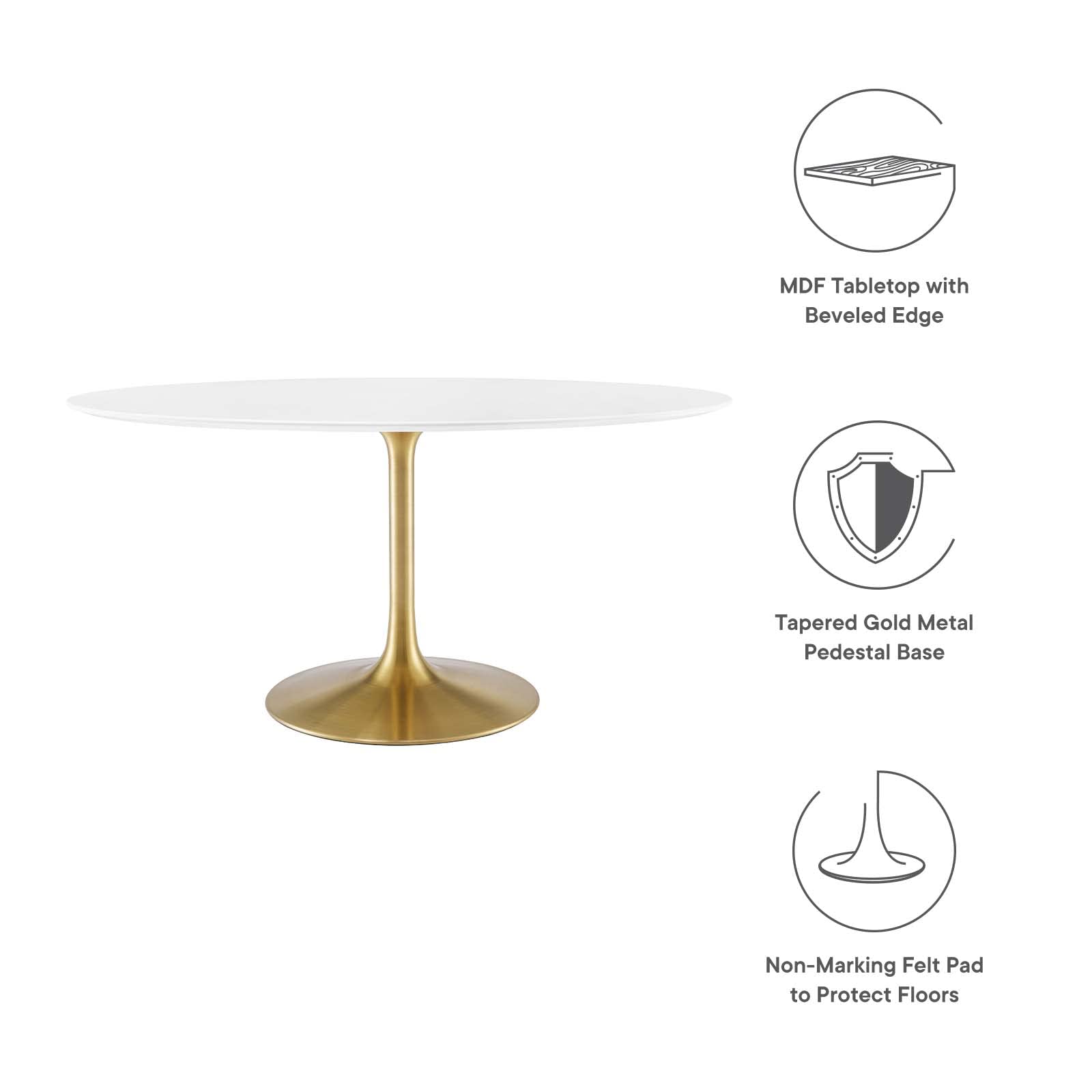 Modway Lippa 60&quot; Oval-Shaped Mid-Century Modern Dining Table With White Wood Top And Gold Base