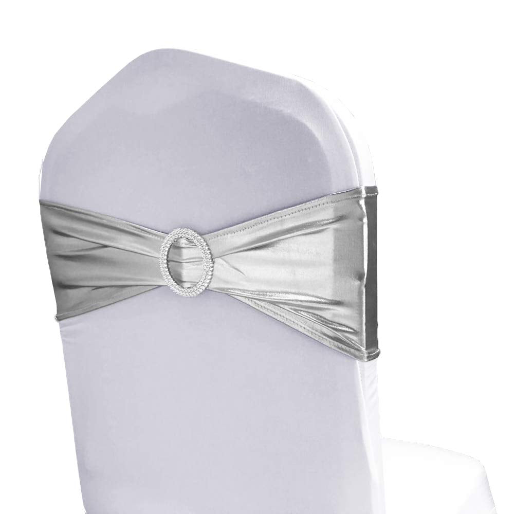 Wensinl Pack Of 100 Wedding Chair Sash, Elastic Chair Bands With Buckle Slider, Chair Bows For Wedding Decorations, Without White Chair Covers (Metallic Silver)