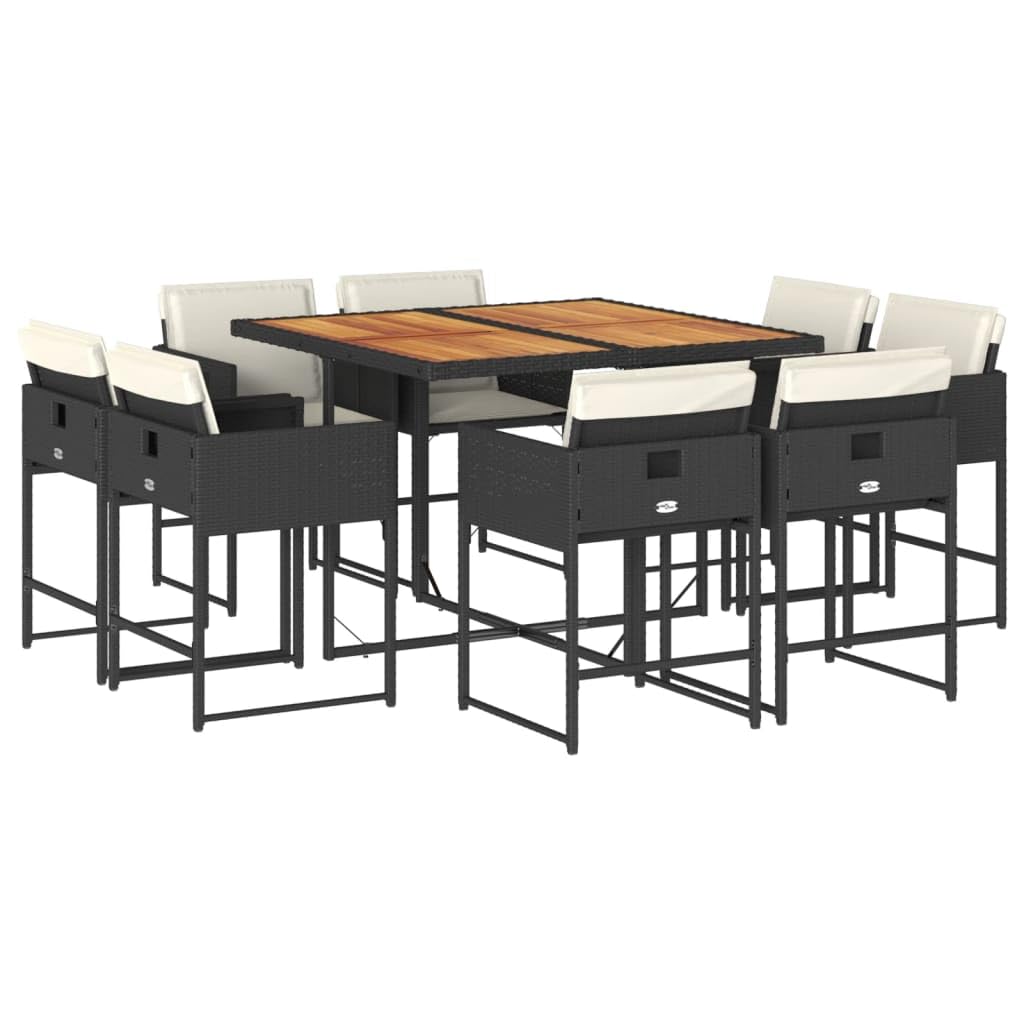 vidaXL Patio Dining Set with Cushions - 9 Piece Outdoor Furniture Set - Black Poly Rattan and Acacia Wood Table - Comfortable High-Back Chairs with Removable Covers, UV-Resistant