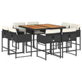 vidaXL Patio Dining Set with Cushions - 9 Piece Outdoor Furniture Set - Black Poly Rattan and Acacia Wood Table - Comfortable High-Back Chairs with Removable Covers, UV-Resistant