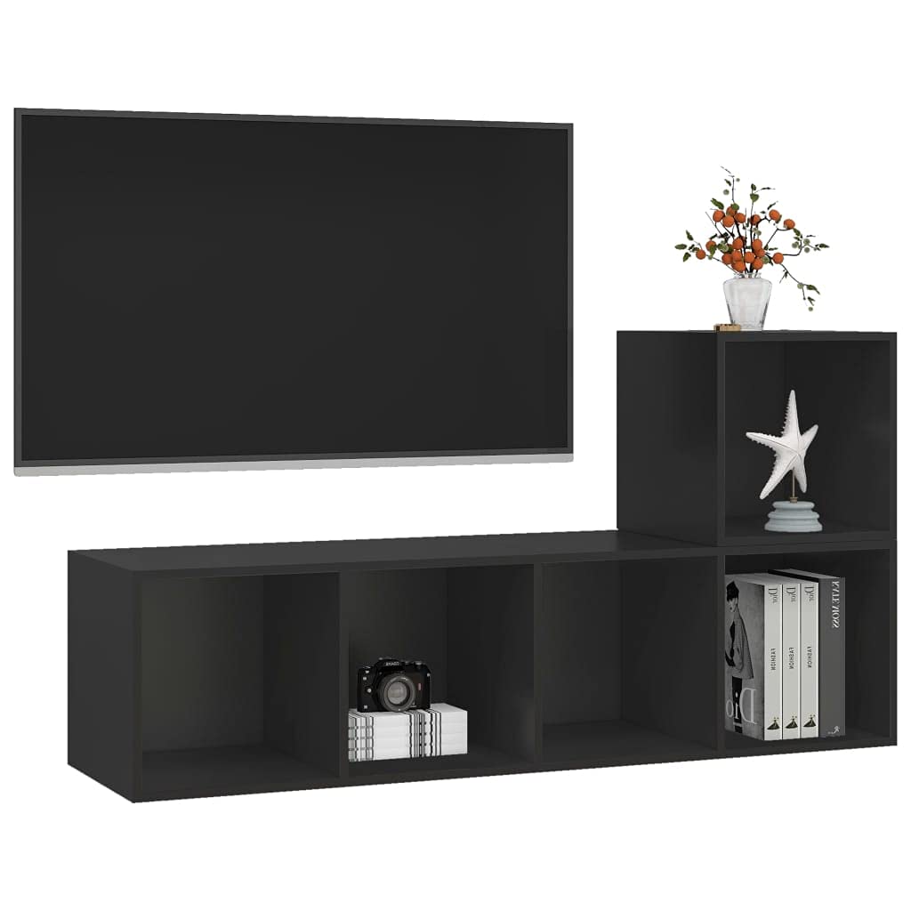 vidaXL TV Cabinet Set 2 Piece Wall Mounted Hanging Stand Unit Stereo Storage HiFi Plasma Living Room Furniture Black Engineered Wood