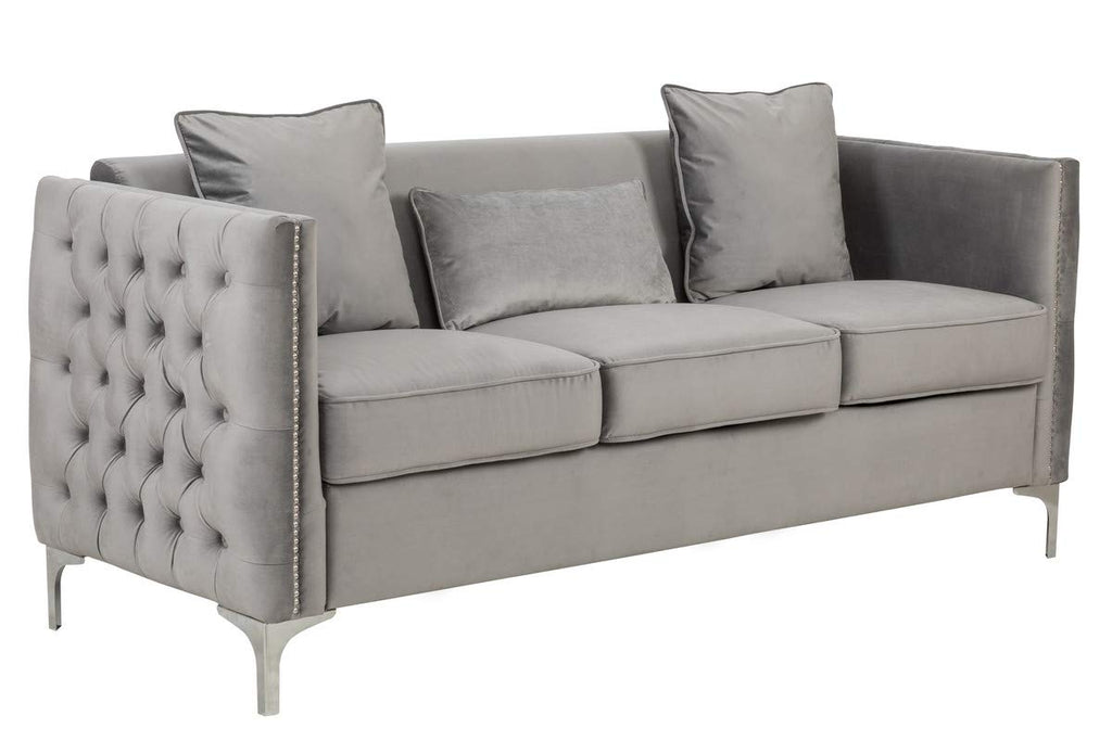 Lilola Home Bayberry Gray Velvet Sofa with 3 Pillows