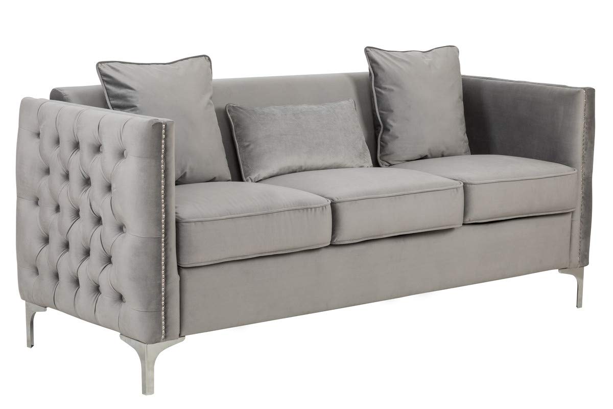 Lilola Home Bayberry Gray Velvet Sofa with 3 Pillows