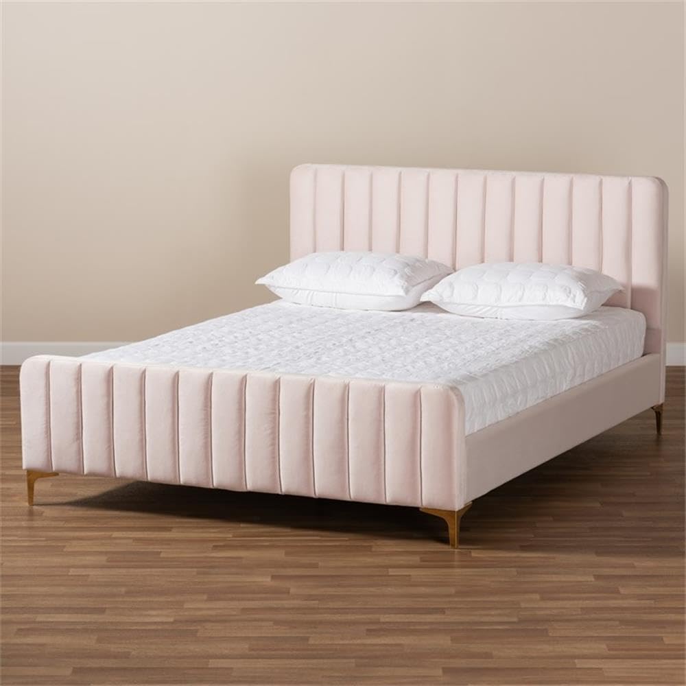 Baxton Studio Nami Modern Contemporary Glam and Luxe Light Pink Velvet Fabric Upholstered and Gold Finished Queen Size Platform Bed