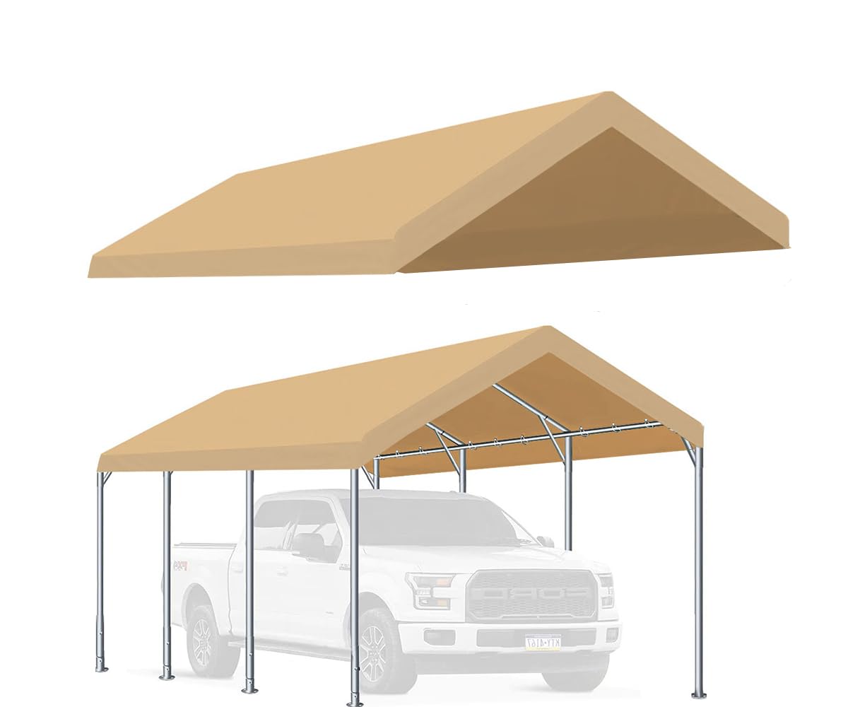 Rutile 10'X20' Carport Canopy Only Tent Garage Replacement Top Tarp Car Shelter Cover W/Ball Bungees Beige (Only Top Cover, Fram