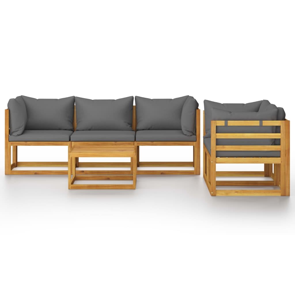 vidaXL Solid Acacia Wood Patio Lounge Set- 6 Piece Outdoor Furniture with Cushions and Coffee Table, Weather Resistant, Modular Design, Dark Grey