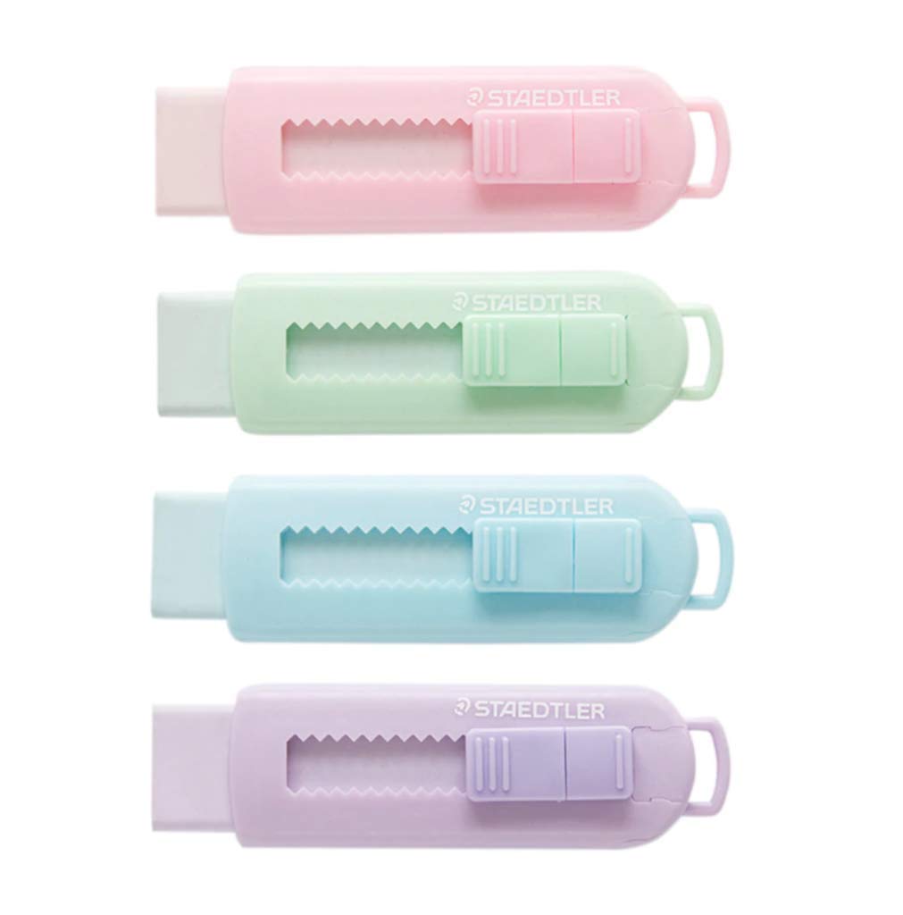 Staedtler Sliding Retractable Pencil Eraser With Plastic Sleeve, Assorted Soft Pastel Color 4 Pack
