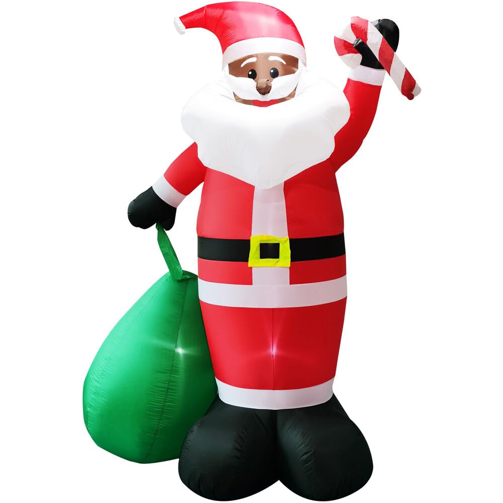 Fraser Hill Farm 10-Ft. Tall African American Santa Holding Toy Sack Blow Up Inflatable With Lights, Outdoor Christmas Inflatable Decoration For Lawn And Yard, Giant Festive Holiday Decor