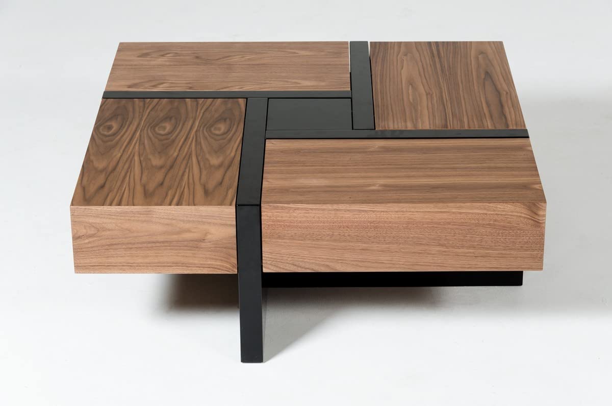 HomeRoots Walnut, Black Veneer, MDF, Metal Modern Walnut and Black Square Coffee Table with Storage