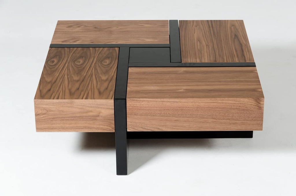 HomeRoots Walnut, Black Veneer, MDF, Metal Modern Walnut and Black Square Coffee Table with Storage