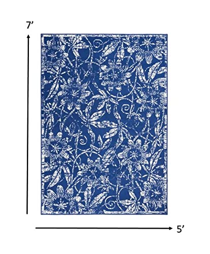 HomeRoots 100% Polypropylene 5’ x 7’ Navy and Ivory Floral Vines Area Rug