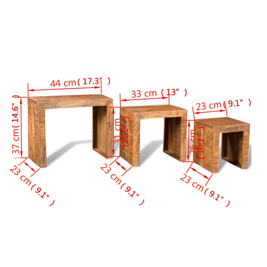 vidaXL Three-Piece Antique-Style Nesting Tables - Solid Mango Wood, Sturdy Construction, Versatile Usage, Space-Saving and Stackable Design, Unique Wood Grains