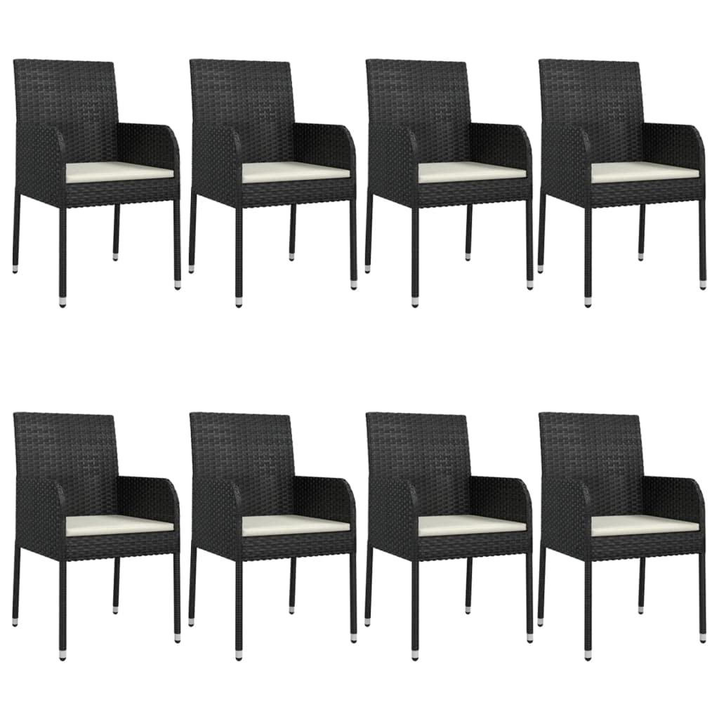 vidaXL 9 Piece Patio Dining Set - Black Poly Rattan Outdoor Furniture with Cushions, Tempered Glass Tabletop and Powder-Coated Steel Frame for Garden