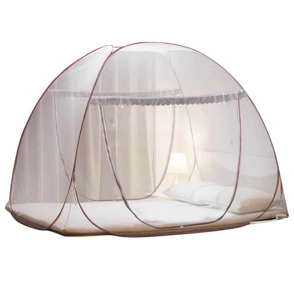 Portable Pop-Up Brown Mosquito Net Tent For Bed, L79 X W71 X H59 Inch Large Folding Mosquito Netting With Net Bottom, 2 Entries,