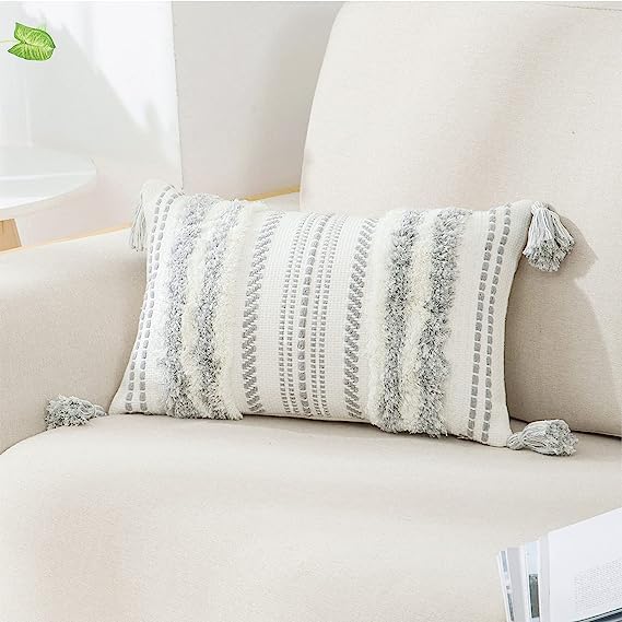 decorUhome Decorative Boho Throw Pillow Cover 12x20, Lumbar Accent Neutral Tufted Pillow Cover for Couch Bed Sofa, Textured Stri