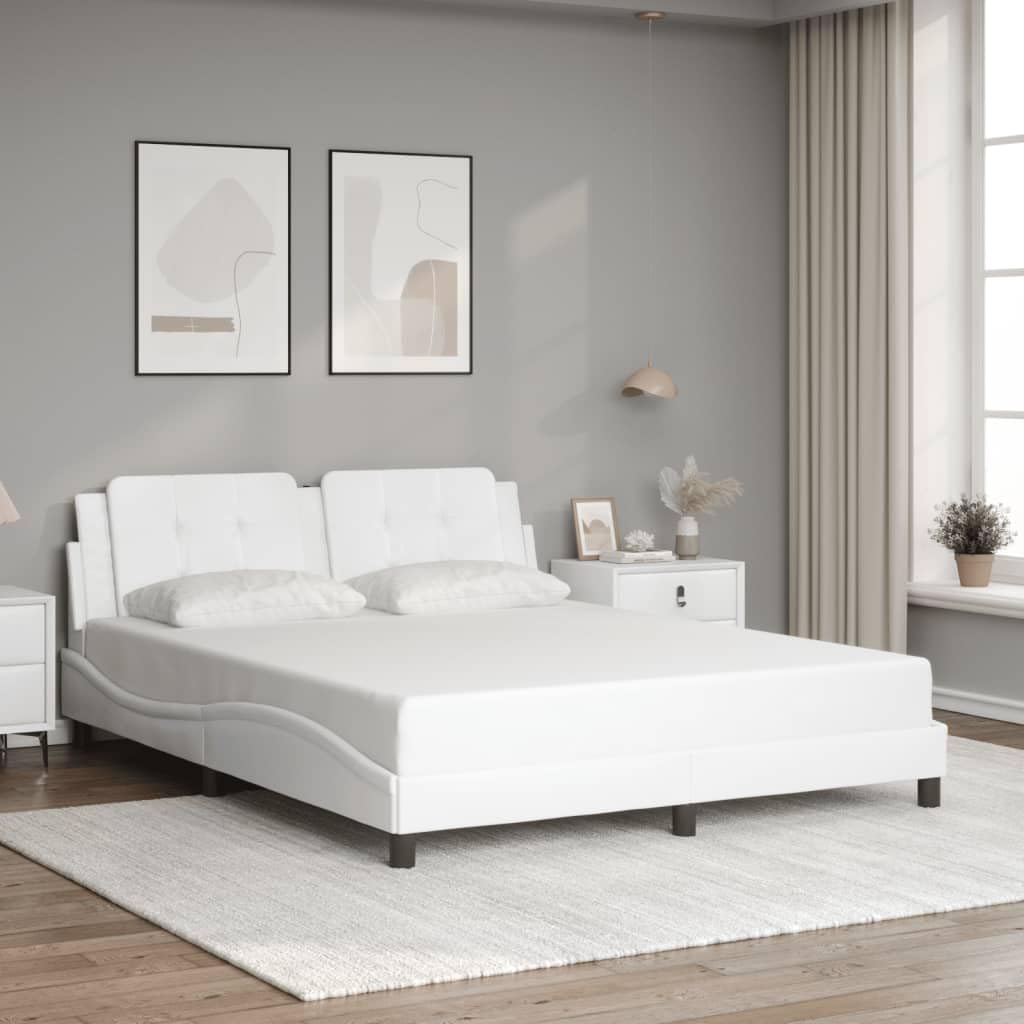 vidaXL Queen Bed Frame with LED Lights White Faux Leather - Plywood Slats, Foam Padded Headboard, Stylish Design