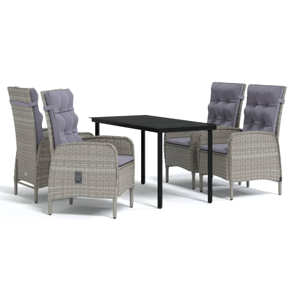 vidaXL 5 Piece Outdoor Patio Dining Set with Cushions – Versatile PE Rattan Chairs & Glass Tabletop – in Elegant Gray and Black – Sturdily Constructed with Powder-Coated Steel Frames