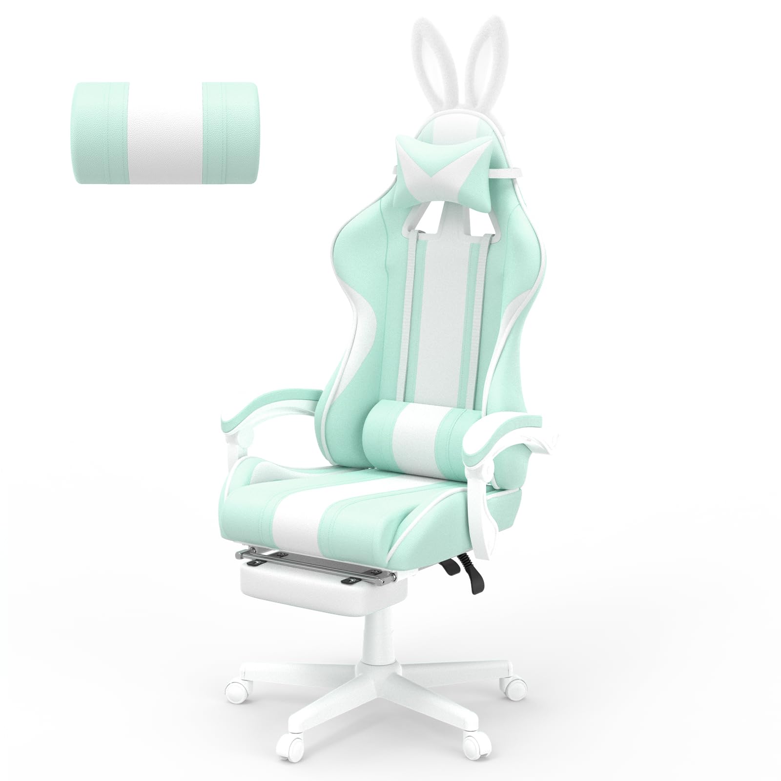 Ferghana Kawaii Light Green Gaming Chair with Bunny Ears, Ergonomic Cute Gamer Chair with Footrest and Massage, Racing Reclining