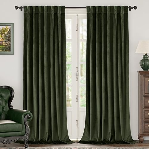 Bgment Olive Green Velvet Curtains 108 Inches For Living Room, Thermal Insulated Blackout Curtains Room Darkening Drapes With Ba