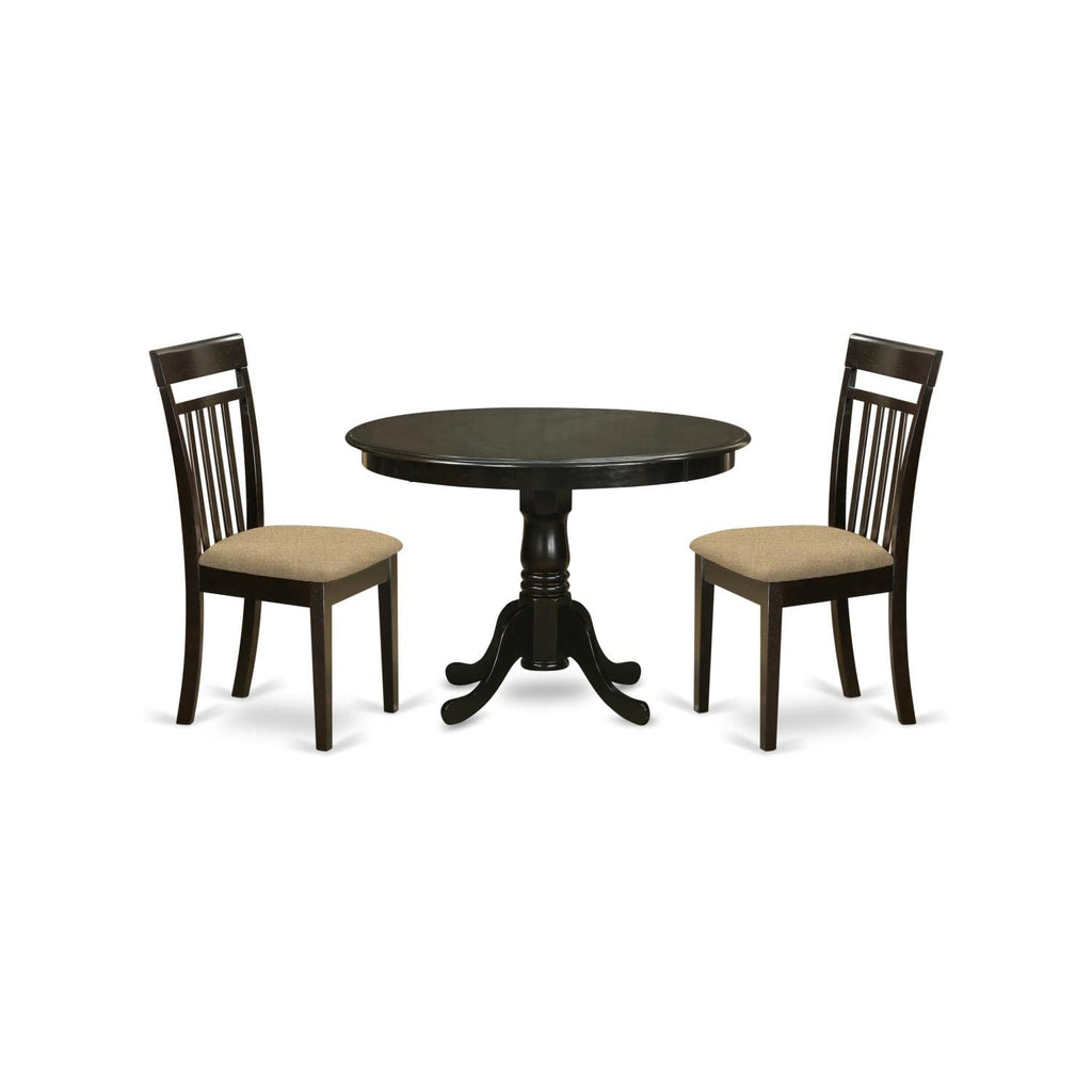 East West Furniture HLCA3-CAP-C 3 Piece Modern Dining Table Set Contains a Round Wooden Table with Pedestal and 2 Linen Fabric Upholstered Dining Chairs, 42x42 Inch, Cappuccino