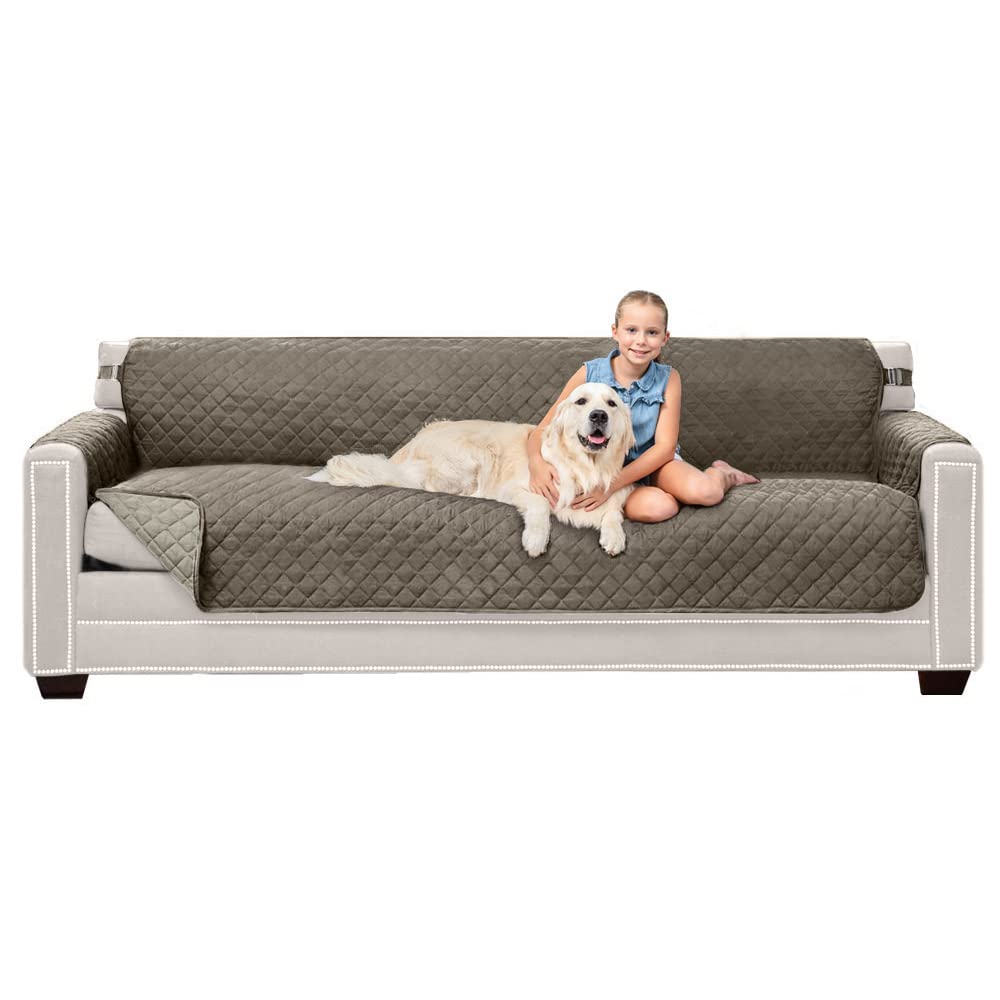 Sofa Shield Patented Couch Slip Cover, Large Cushion Protector, Reversible Stain And Dog Tear Resistant Slipcover, Quilted Microfiber 88” Seat, Washable Covers For Dogs Pets Kids, Latte Linen