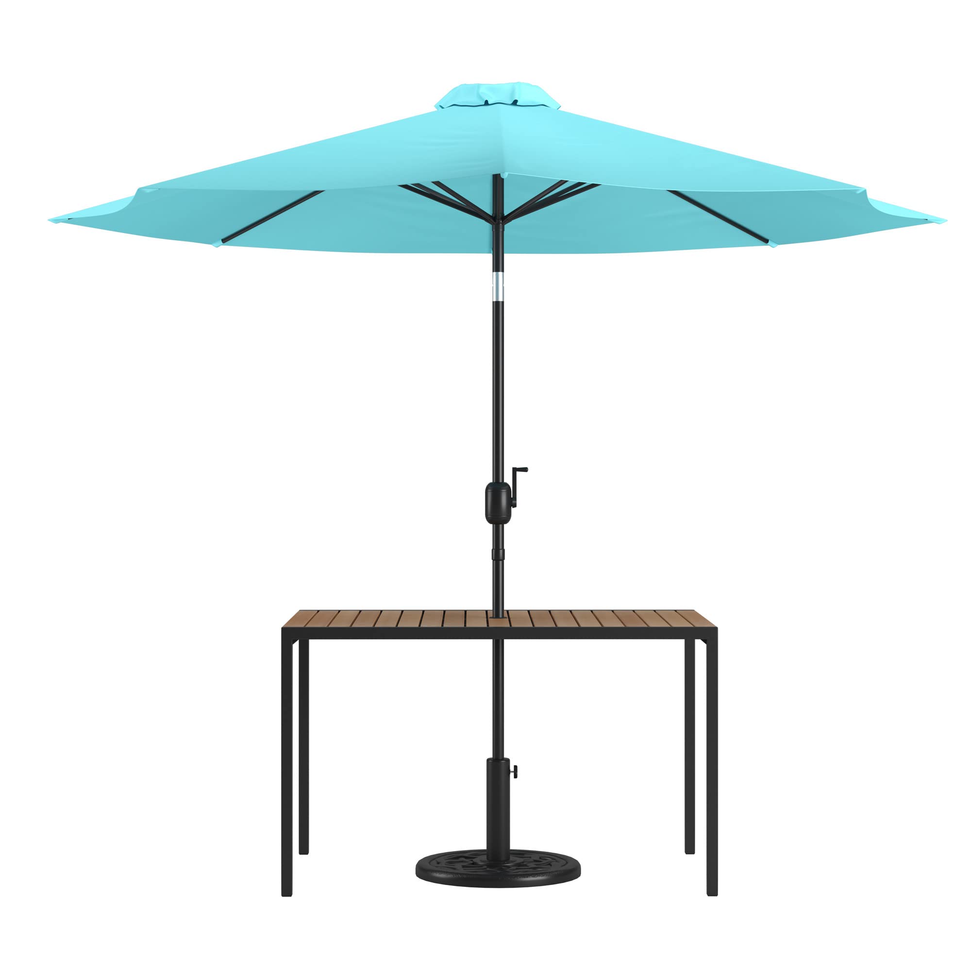 Flash Furniture Lark 3 Piece Outdoor Patio Table Set - Natural Faux Teak Dining Table - 30&quot; x 48&quot; Synthetic Teak Patio Table with Teal Umbrella and Base