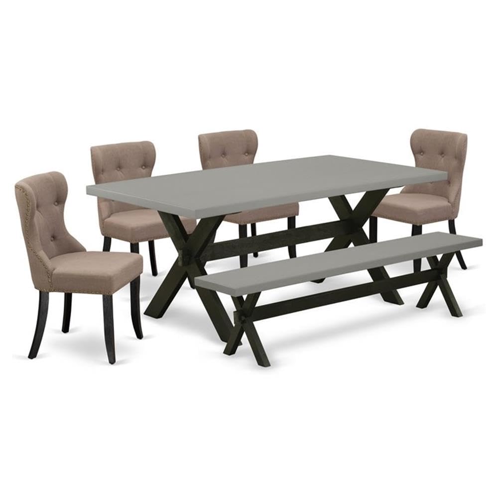 East West Furniture X697Si648-6 6 Piece Dinette Set Contains A Rectangle Dining Room Table With X-Legs And 4 Coffee Linen Fabric Parson Chairs With A Bench, 40X72 Inch, Multi-Color