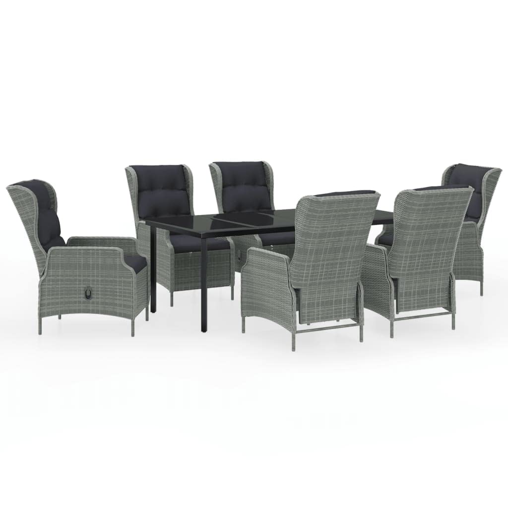 vidaXL Outdoor Patio Dining Set with Adjustable Reclining Chairs & Soft Padded Cushions, PE Rattan & Powder-Coated Steel Frame, Black Table & Light Gray Chair